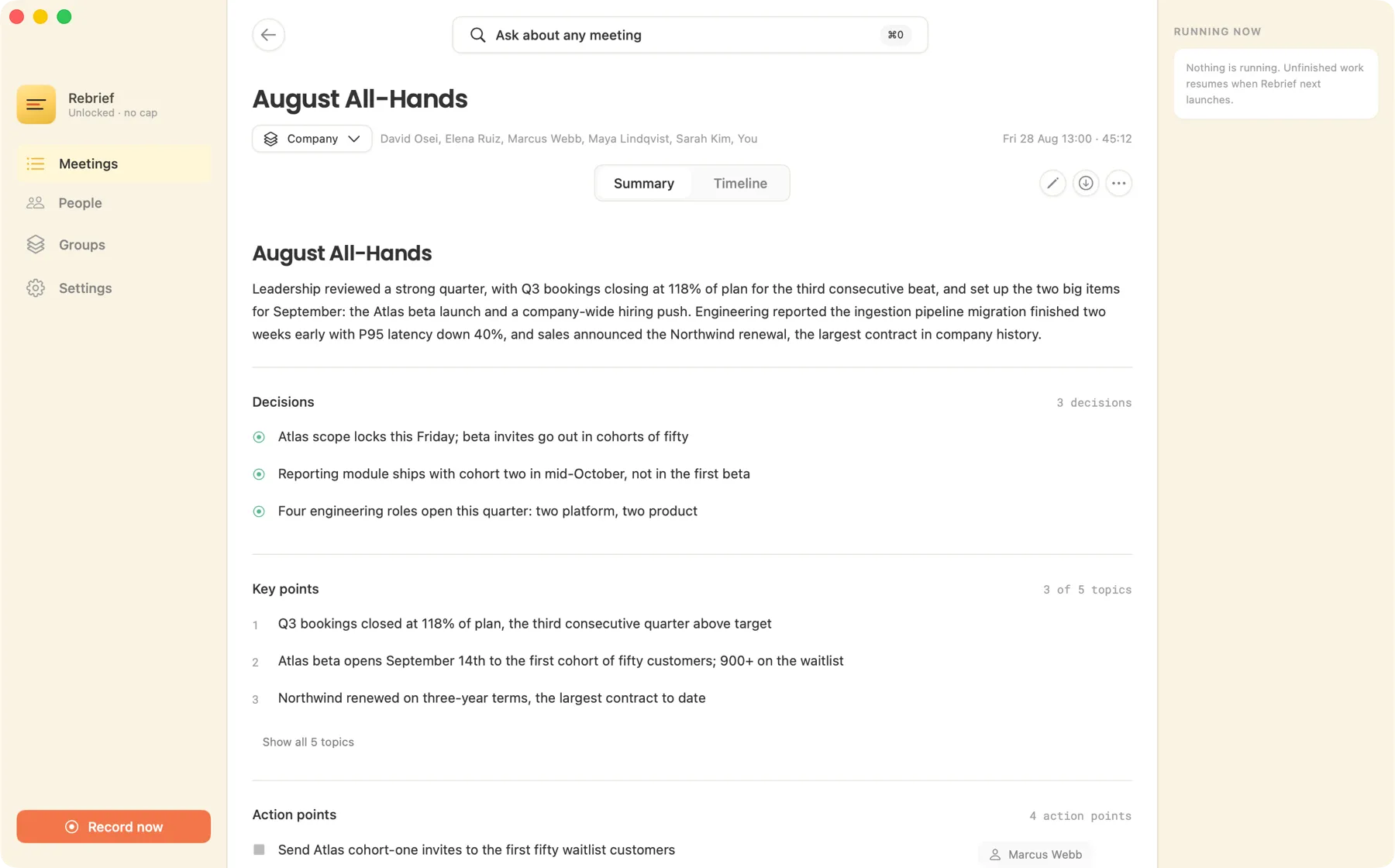 The Rebrief window showing the August All-Hands meeting notes, with decisions, key points and action points.