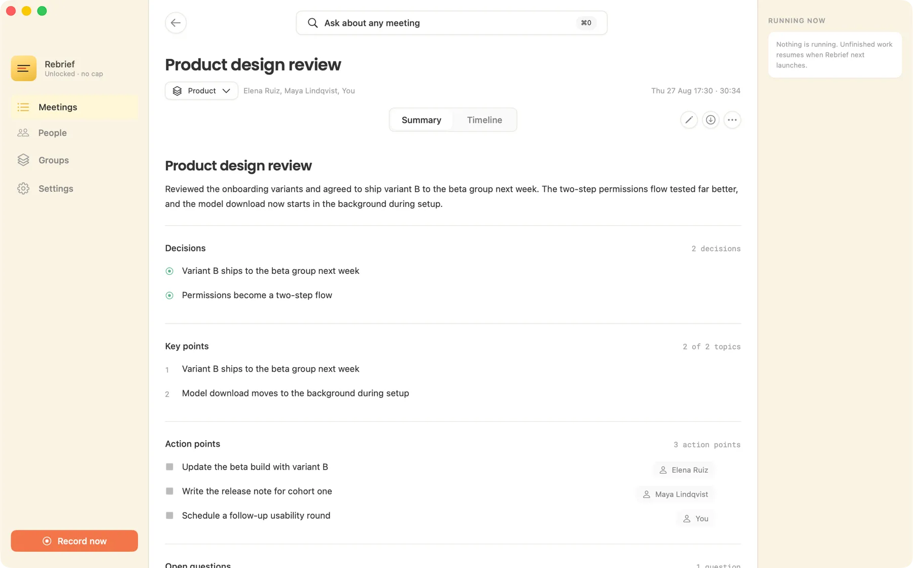 Finished Rebrief meeting notes for a product design review, showing decisions, key points and action points with named owners.