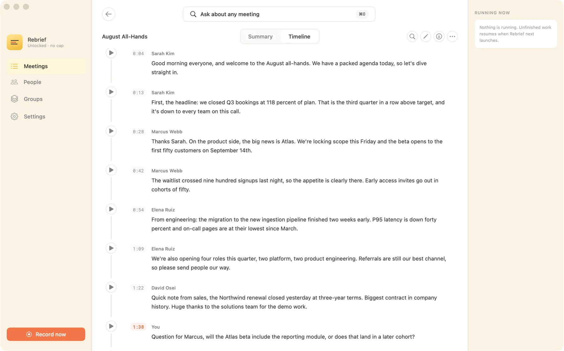 A Rebrief transcript timeline with every line attributed to a named speaker beside its timecode.